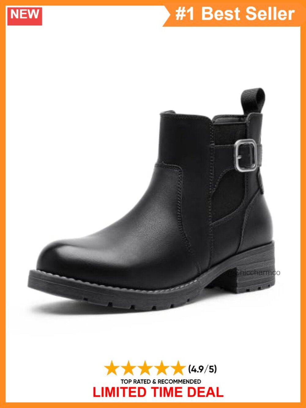 Chelsea Ankle Boots Low Heel Pull On Faux Leather Buckle